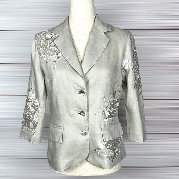 PUNT ROMA Linen Embroidered Blazer, 3/4 length sleeves  EUR 38, US 6 - Picture 2 of 14
